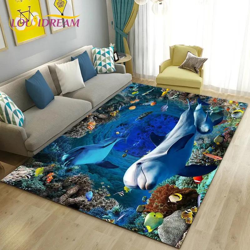 Seabed Illusion Underwater World  Dolphin Shark  Area Rug ,Carpet Rug for Living Room Bedroom Sofa Doormat Non-slip Floor Mat