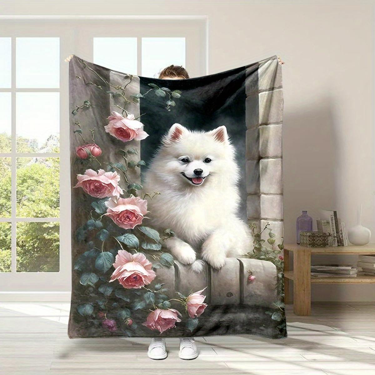 Cartoon Pomeranian Dog and Floral Print Flannel Blanket - for bed, sofa, office, travel, gift, decoration, chair, cozy and warm 130x150cm