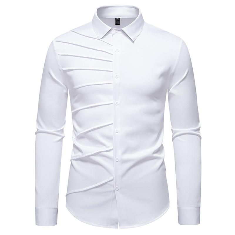 Autumn Men'S Solid Color Pleated Design Long-Sleeved Shirt European Size Men'S Loose Shirt