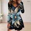 Women Plus Size V Neck Long Sleeve Black Floral Printed Curved Hem Dress