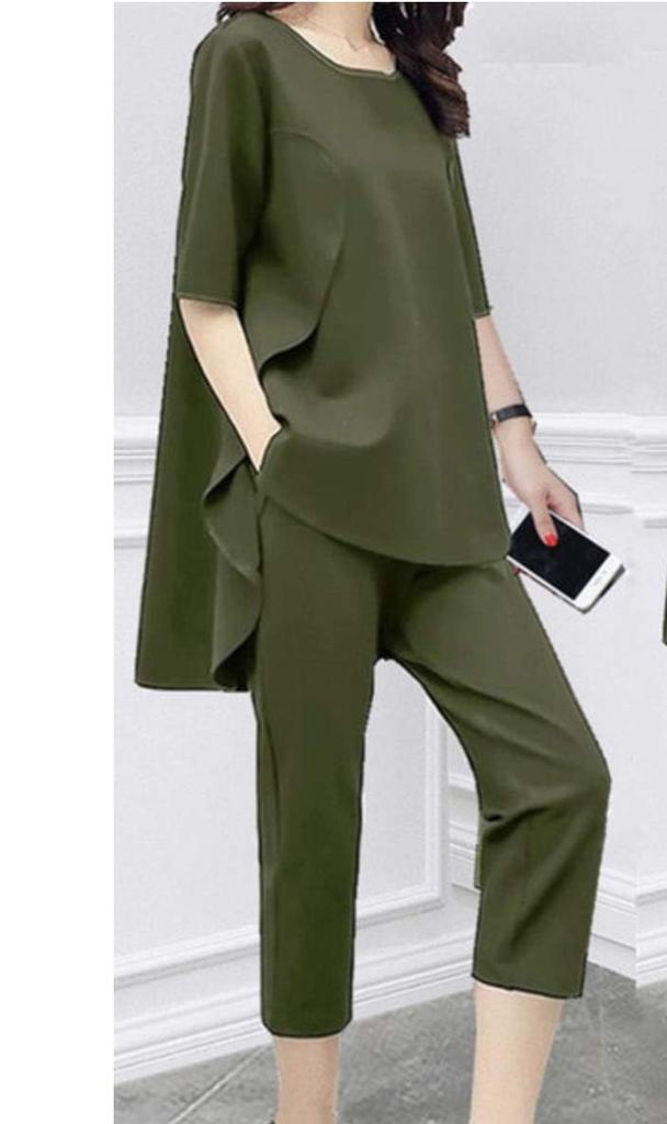 Chiffon Top and Comfortable Loose Fit Jersey Gaucho Pants Sizes [scion & co] [Scion] 2-Piece Set, Slimming, S-XL (JP, Alphabet, XL, Green)