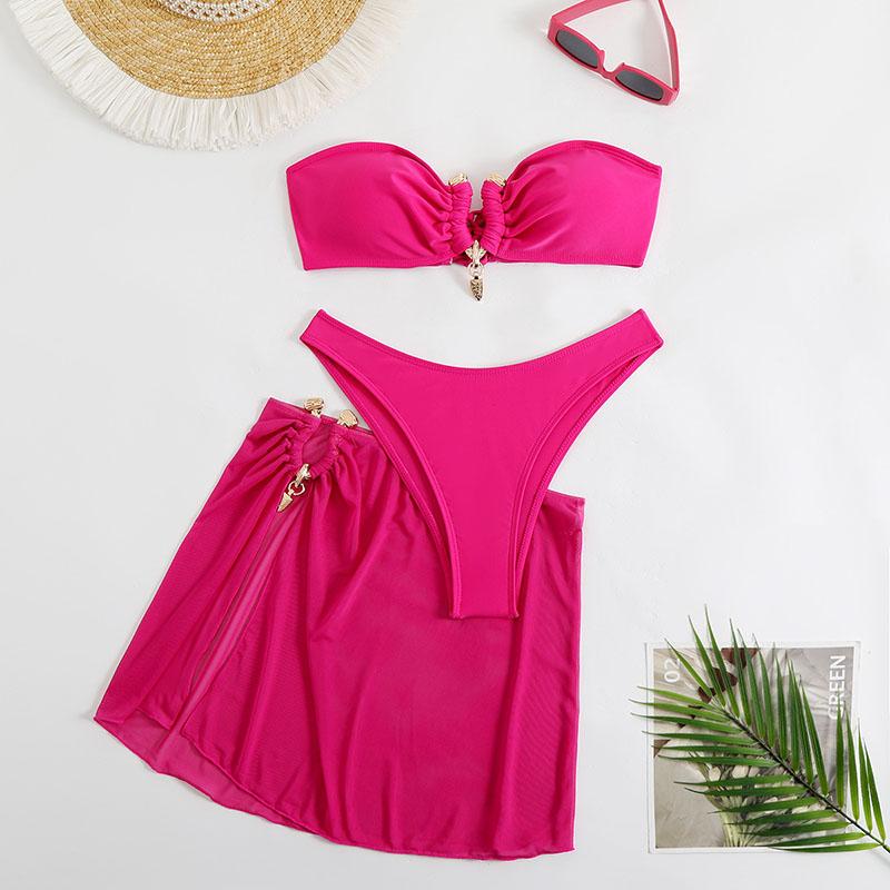 

Новый купальник Cross Border, однотонный, с металлической пряжкой, из трех частей, женский раздельный купальник-бикини XL розы красного