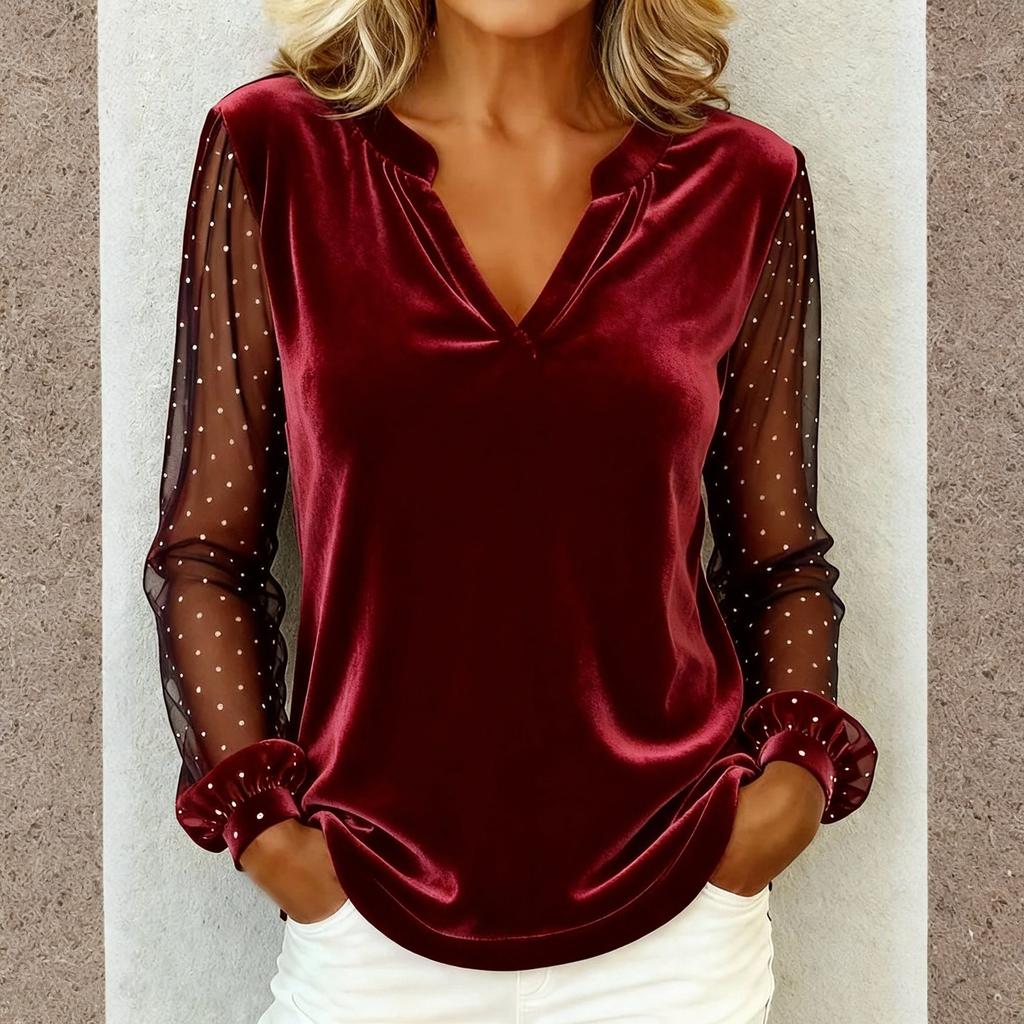 Damen Modisches Und Lässiges V-Ausschnitt Mesh Gold Samt Patchwork Langarm T-Shirt Top