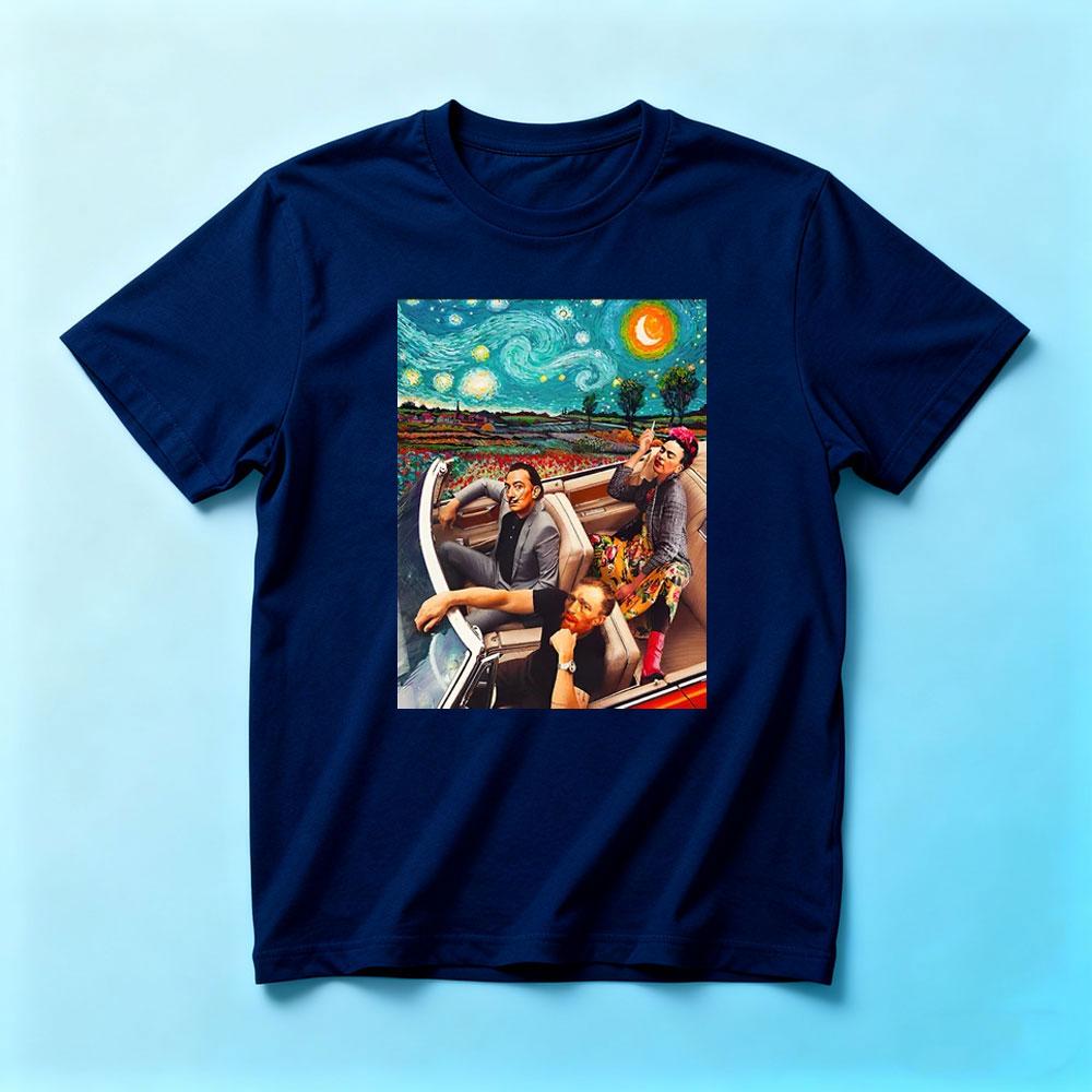 Salvador Dali e Vincent Van Gogh e Frida Kahlo in Macchina Notte Stellata Maglietta Classica Maglietta Frida Kahlo Uomo Donna
