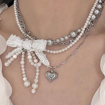 Sweet Design Multi-layer Pearl Bow Love Pendant Necklace Women's Light Luxury Temperament Niche Collarbone Chain