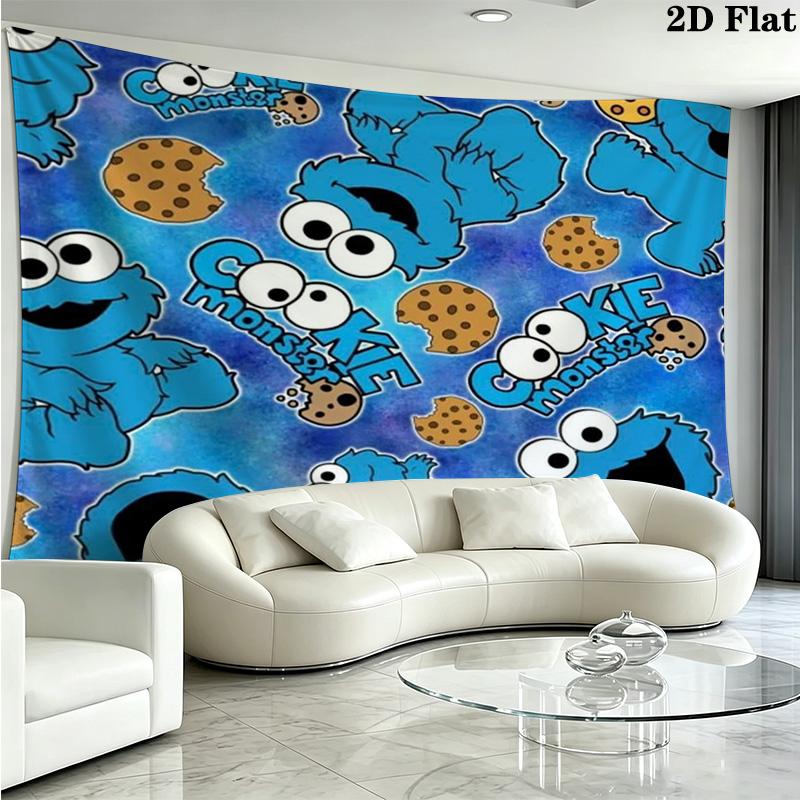 Cookie Monster Cartoon Wall Tapestry Aesthetic Wall Hanging Printed Fabric Blanket Decorative Tapestries for Bedroom Living Room Home Decor