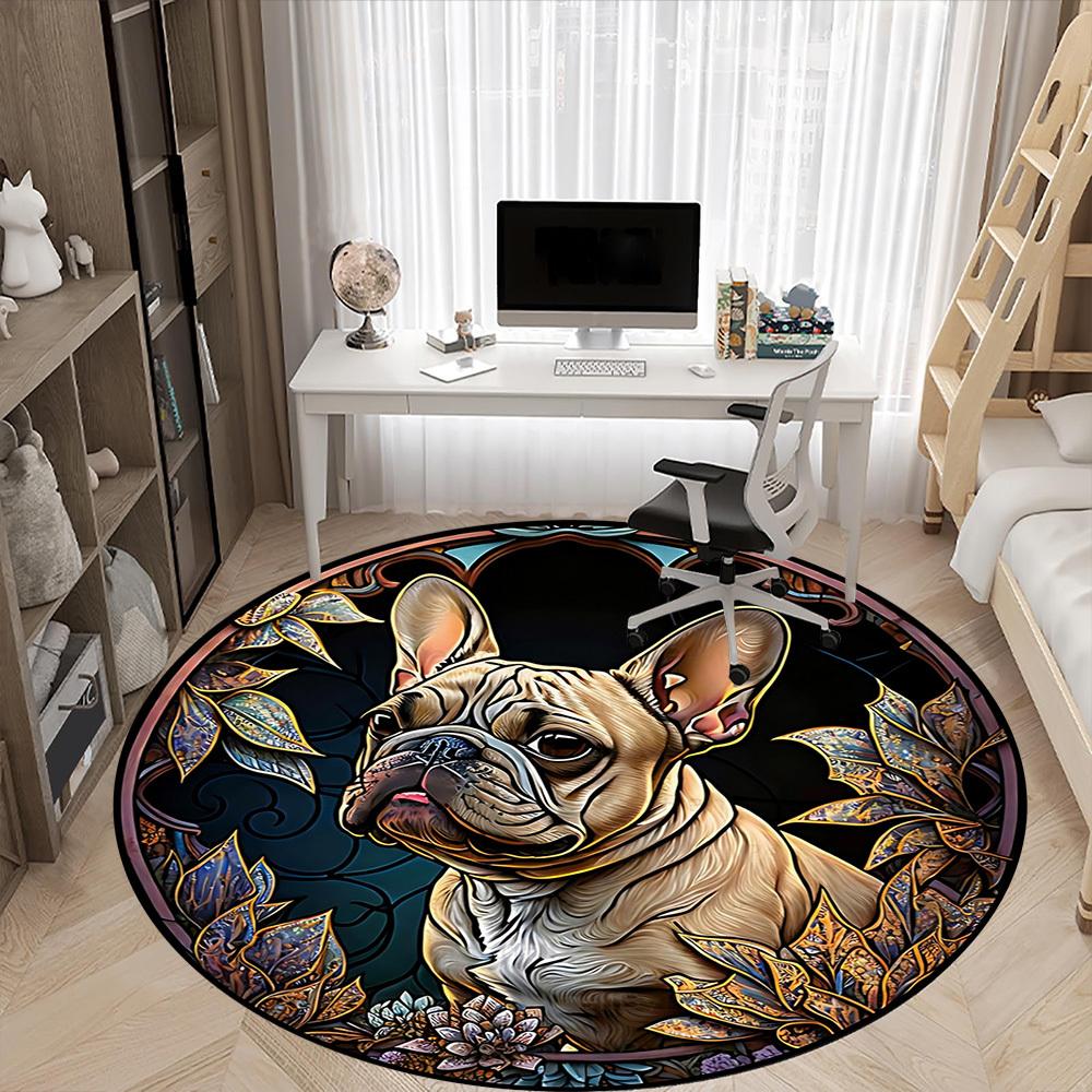 1PC Stained Glass Bulldog Office Round Area Rug, Mat Suitable ForOffice, Under Office Chairs Bedroom Living Room Home Decor, Room Deco