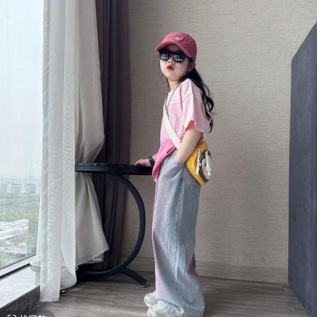 Girls' Summer Set Tie Dye Short Sleeved Rhinestone Embellished Slim and Wide Leg Jeans Fashionable and Casual Two-piece Set Fashionable