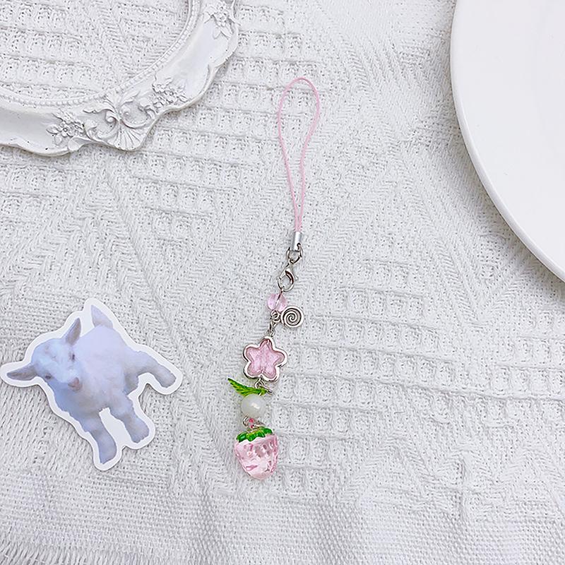 Korean Cute Strawberry Mobile Phone Chain Y2K Sweet Fruits Beaded Phone Lanyard Keychain For Girls Phone Pendant Charms
