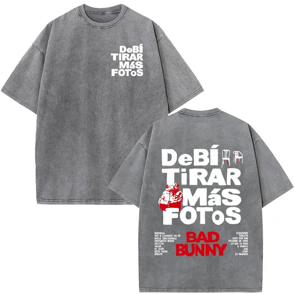 Washed Vintage Rapper Bad Bunny Tshirt Debi Tirar Mas Fotos DTMF World Tour T Shirts Men Women Fashion Hip Hop ONeck Tshirts