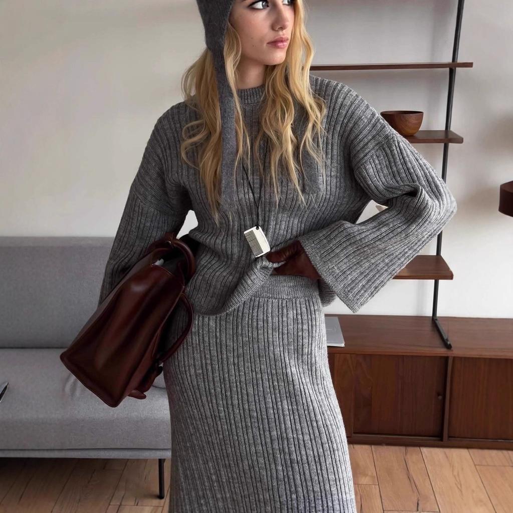 Women's Knitted Sweater 3 Piece Sets Winter Fall Lounge Long Sleeve Top Midi Dress Outfits Casual Chunky Sweater Skirt Sets for Women Loungewear Sets