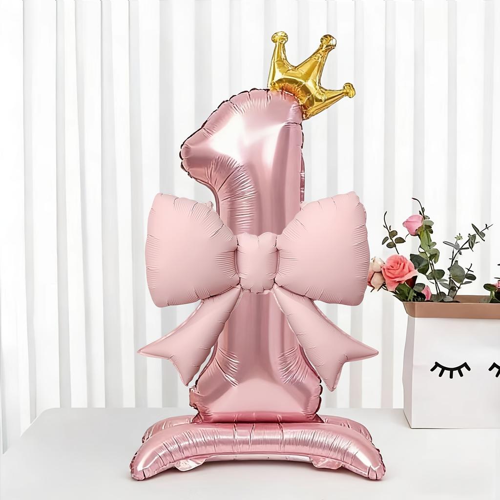 40inch Pink Crown Aluminum Foil Number 1st Balloon with Pink Bow Balloon for Birthday Party Decor Supplies Girls First Birthday