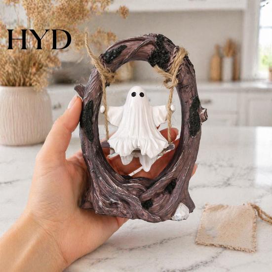 Handmade Resin Ghost Statue On Tree Swing Halloween Decor, Spooky Figurine with Vintage Detailed Sculpture for Office Base, Festive Party Tabletop
