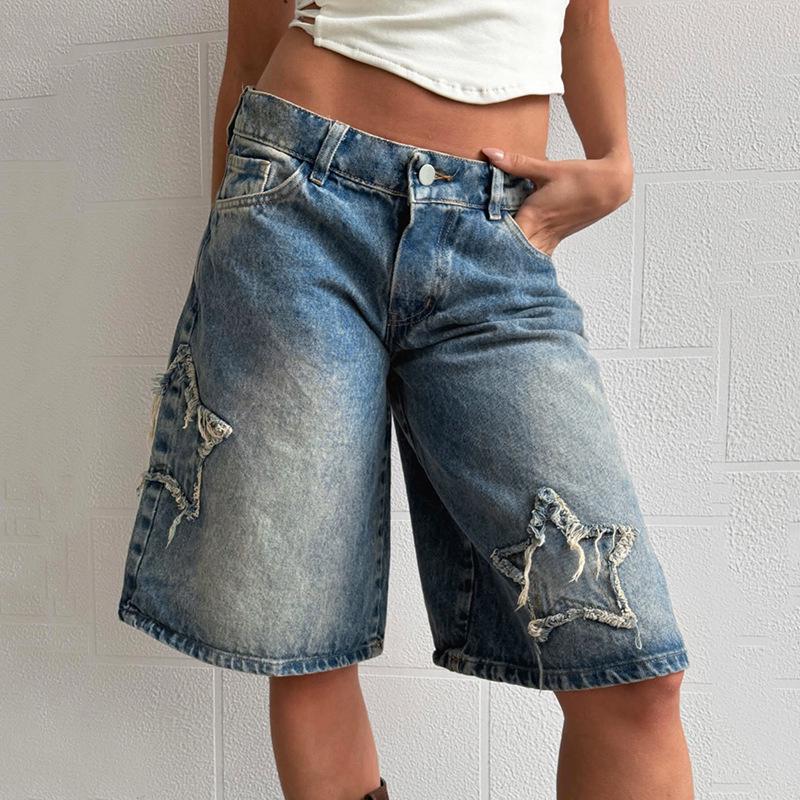 

American Streetwear Ripped Denim Shorts: Summer 2025, Loose Wide-Leg, Mid-Length, Casual Fit for Hot Girls Medium