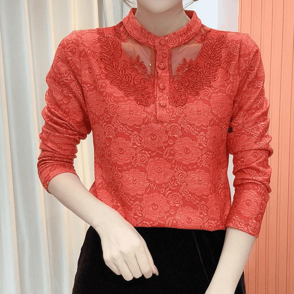 

Women s Elegant Stand Collar Lace Top with Long Sleeves and Plus Velvet Layer 6XL (75-80 kg) красный