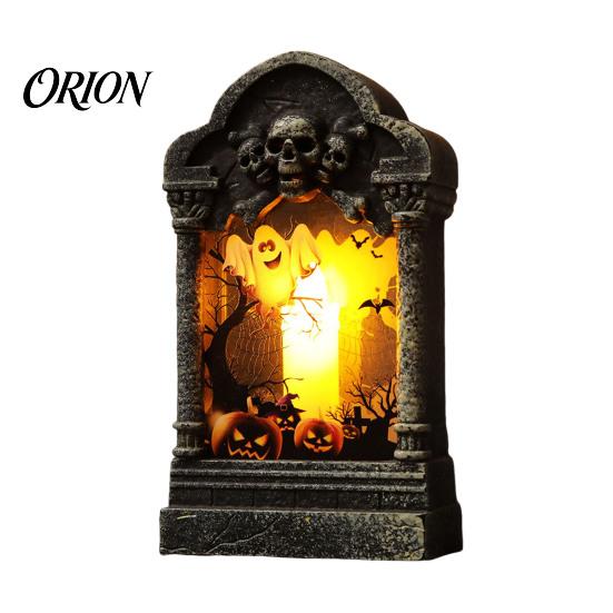Gothic Home Ornament Tombstone Candle Lantern, LED Lighted Spooky Graveyard Table Lamp, Halloween Bar Cafe Desktop Small Night Light for Haunted House