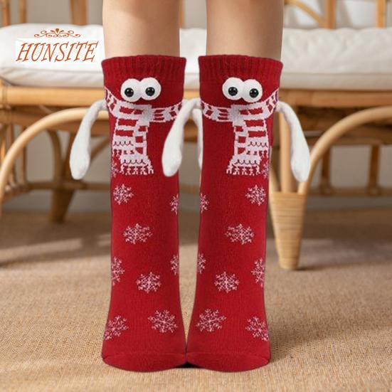 1 Paar Weihnachtssocken zum Halten, magnetische Paarsocken mit Schneeflocken-Print, lustige große Augen, süße Socken in Mittelrohrform