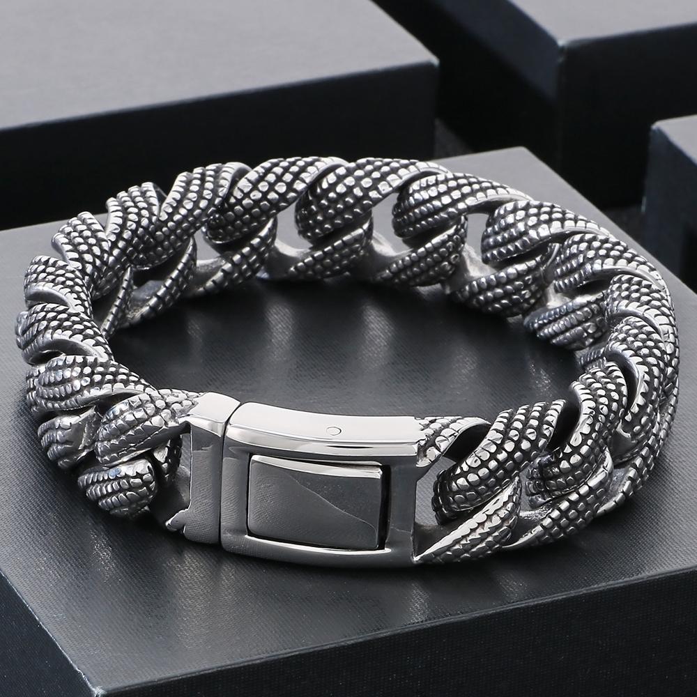 Gótikus Férfi Karkötők Vintage 15MM Szélességű Tömör Rozsdamentes Acél Kockalánc Kubai Lánc Karkötő Férfi Férfi Ékszerek Ajándékok 2 Szín