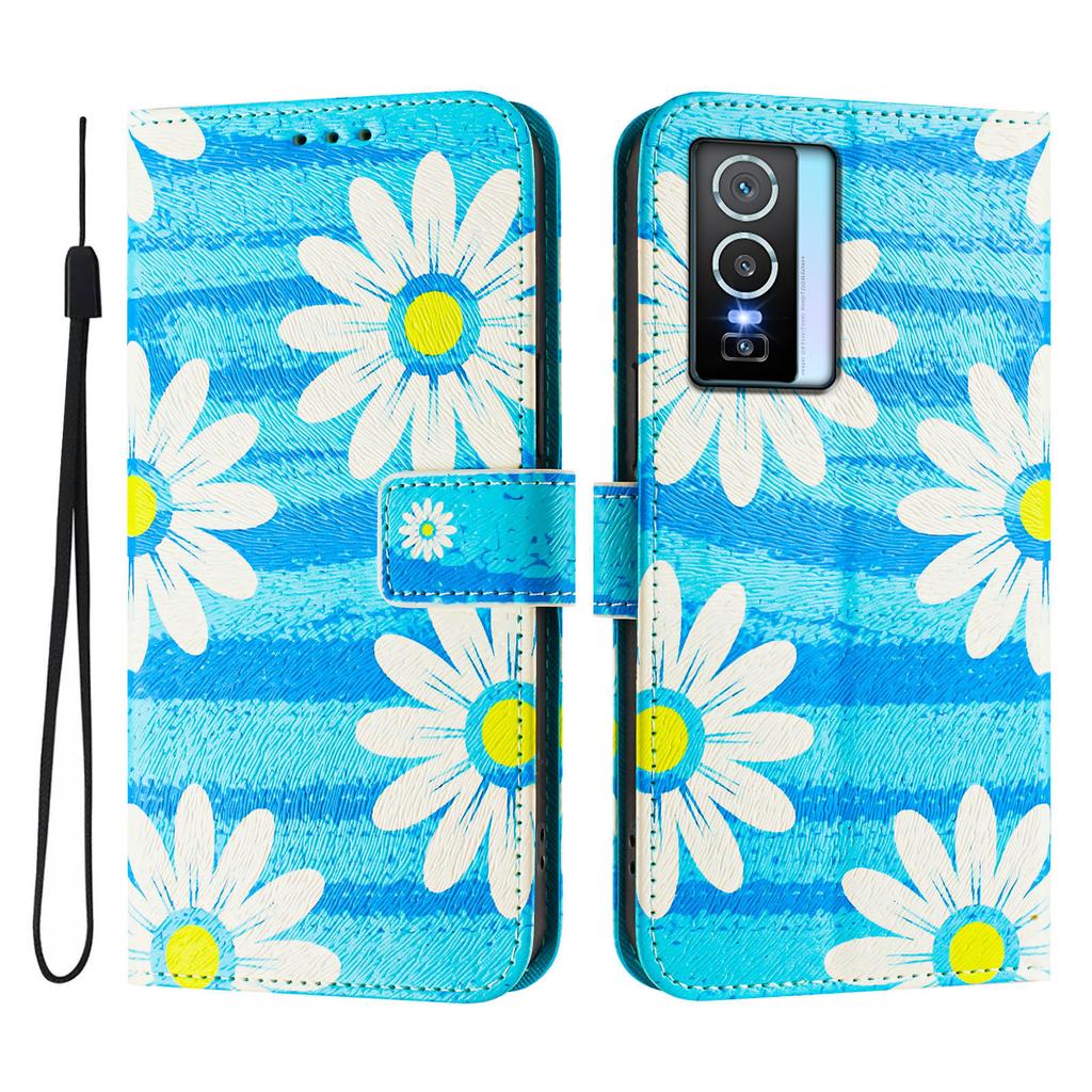 Blue Daisy Luxury Painted Leather Case Wallet Book Style Cover for Vivo Y20,Y35,Y51A,Y56,V27,Y78,V29,Y27,Y33S,Y19,V29E,Y17S,Y30,S19...