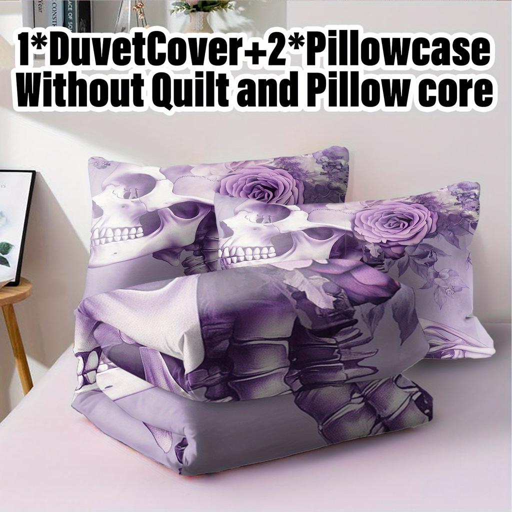 3Pcs Duvet Cover Set Without Core 1 Quilt Cover + 2 Pillowcases Soft And Machine Washable Purple Skull Floral Print Bedding Set
