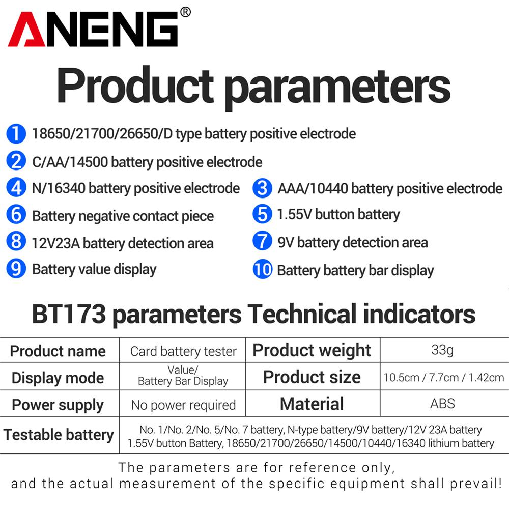 2026 Universal Battery Tester ANENG BT173 Battery Detector Test C D AA AAA N 9V Cell Button Meter Visual Display High Precision Testing Tester Tools