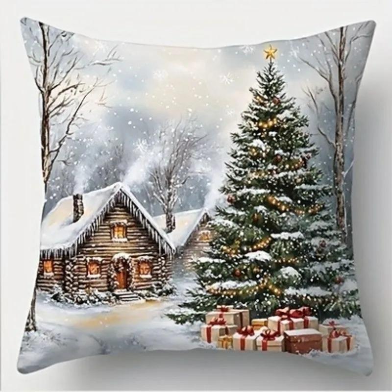 Christmas Pillowcase, Santa Claus Snowman Pattern Pillowcase, Warm Oil Painting Style Sofa, Home Decoration
