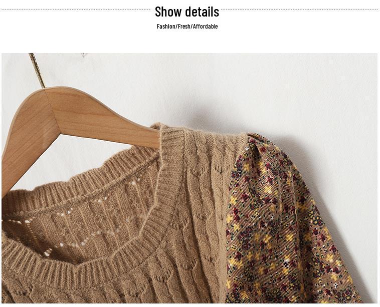 Trendy Autumn/Winter Korean Style Slimming Patchwork Tie-Up Knit Long Dress with Corduroy Floral Print