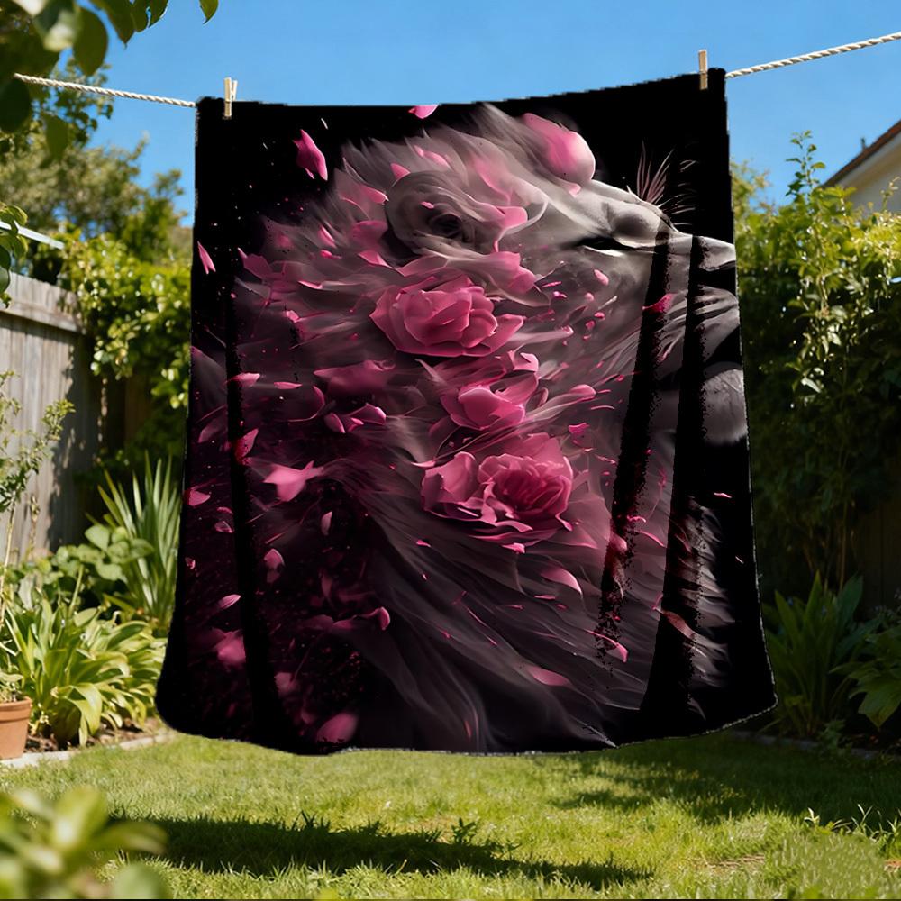 

1pc Lion Roses Outdoor Flannel Blanket , Machine Washable Perfect Gift for Birthday , Holiday Travel Accessory , Durable Material 80x120cm
