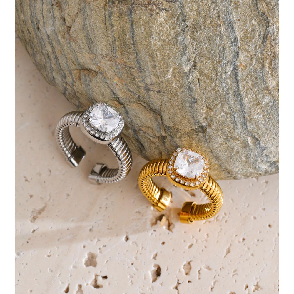 Eetit Stainless Steel Open Ring Finger Jewelry Fashion Square Cubic Zirconia Adjustable Ring for Women 18K Golden PVD Plated