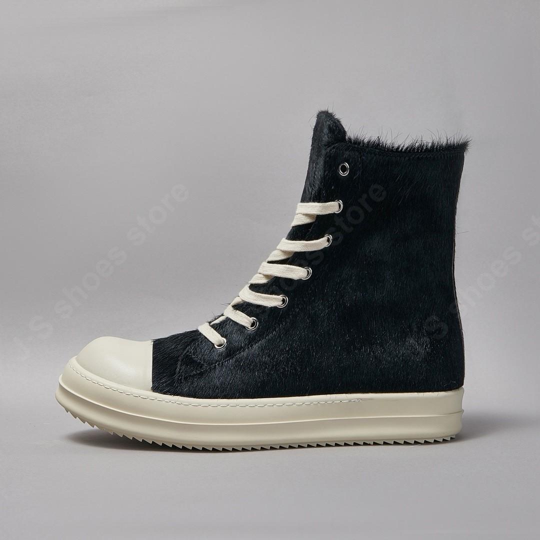

R-o Classic Men Shoe Black Horse Hair Boots Women Shoes High Top Sneaker Black Horsehair Ankle Boot Zipper Outside Sneakers 34