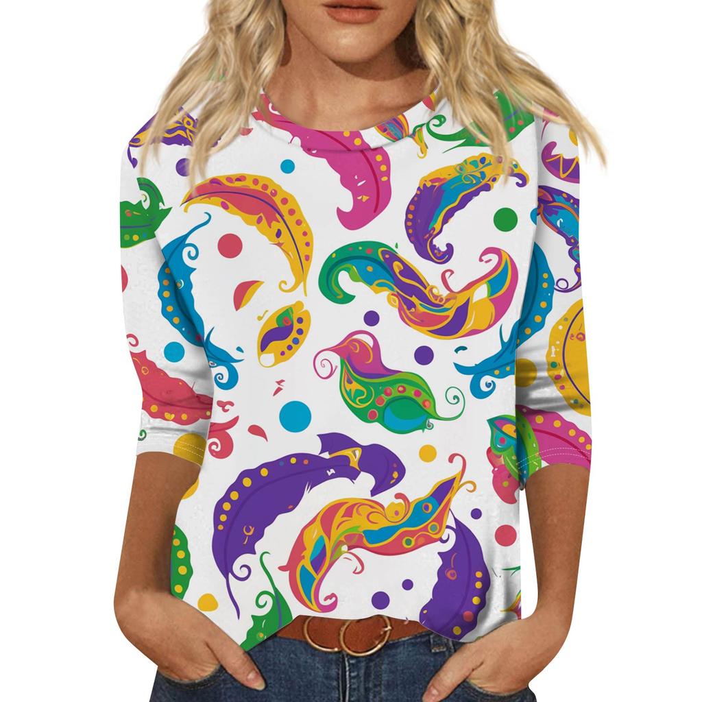 Top de Cuello con Estampado de Carnaval de Manga Tres Cuartos Casual y a la Moda para Mujer