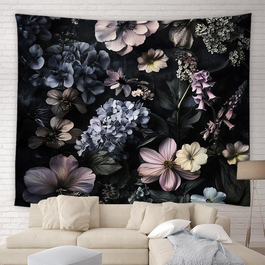 Black Floral Tapestry Retro Flower Bloosom Rustic Rose Watercolor Peony Vintage Boho Gothic Spring Plant Leaves Home Decor Wall