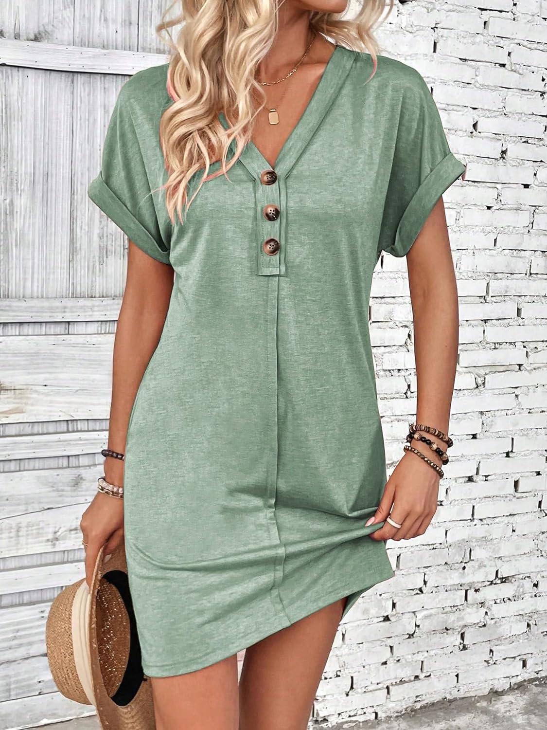 2025 Summer Women s Fashion Buckle V-Neck Dolman Sleeve Solid Dress Large