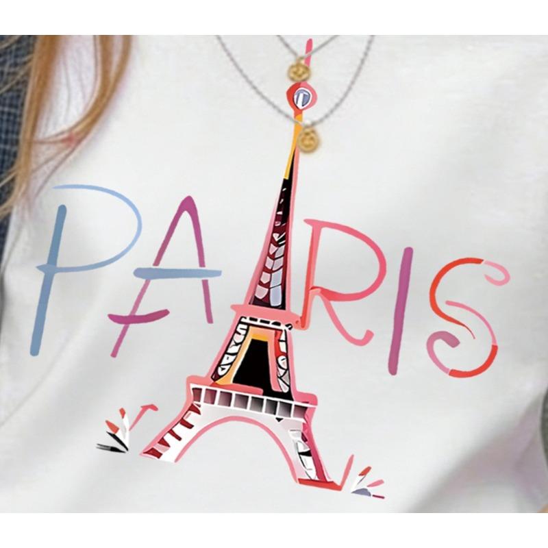 European Size Girls Round-neck Short-sleeved T-shirt with Eiffel Tower Pattern Print