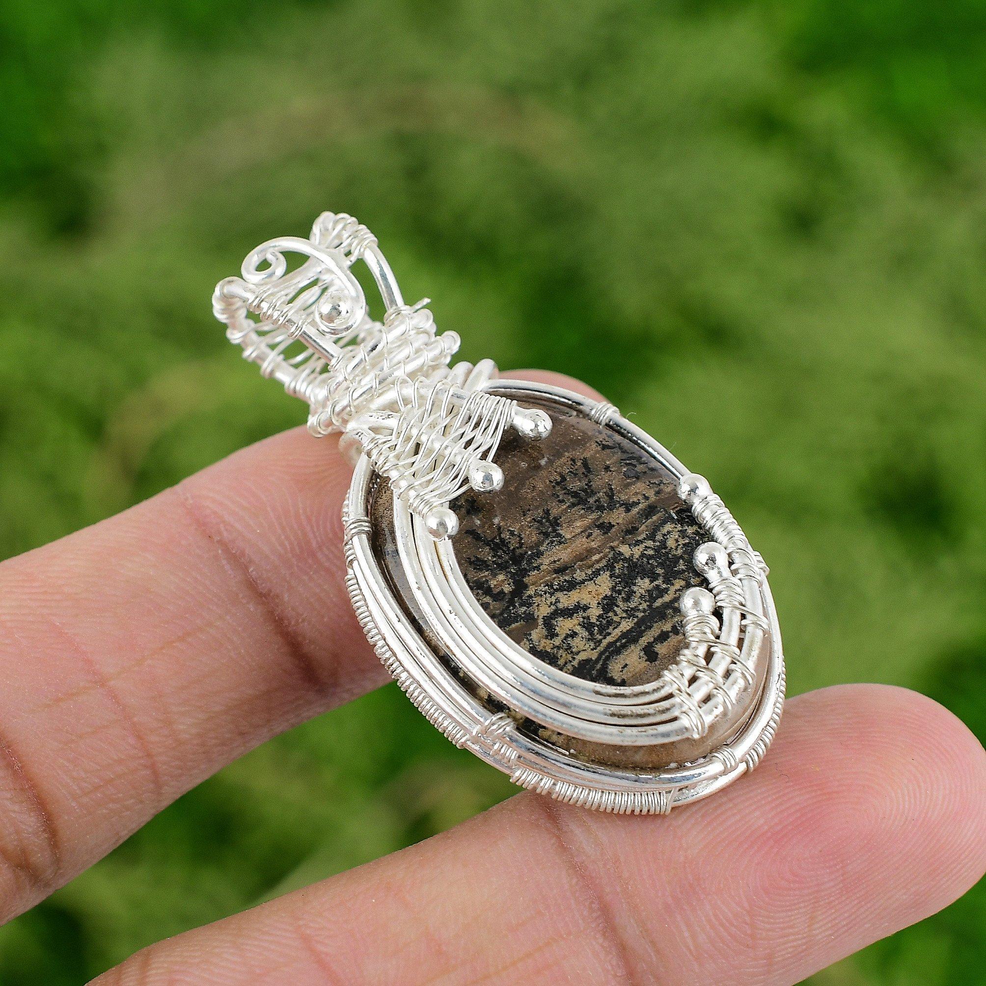 

Sterling Silver Honey Dendrite Opal Gemstone Wire Wrap Artisan Pendant Jewelry