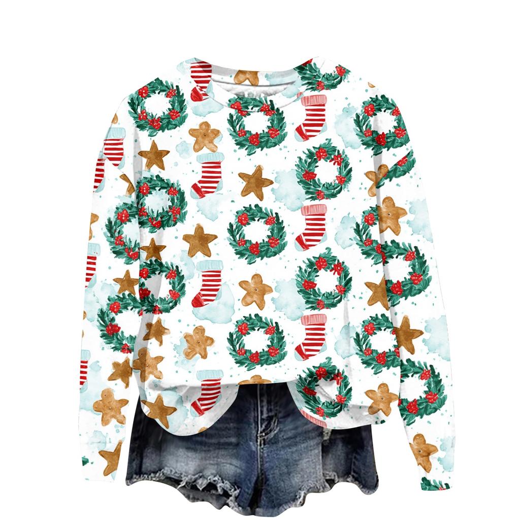 Women's Casual Long Sleeve Christmas Print Neck Pullover Sweatshirt Top