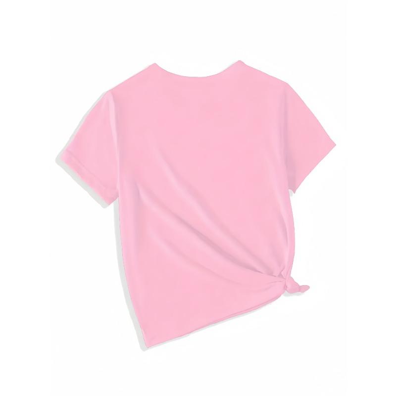 European Sizes Girl's Round Neck Short Sleeve T-Shirt with Cute Hamster Making a Heart Gesture Print, Fashionable Casual Top