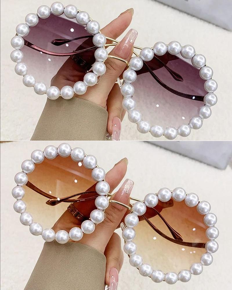 Pearl Round Framed Sunglasses Ins Stylish Wavy Leg Gradient Sunglasses UV400