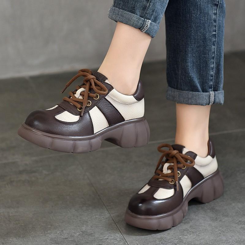 Johnature Thick Soled Retro Genuine Leather Women's Shoes Pumps Round Toe Lace Up Mixed Colors Platform Shoes