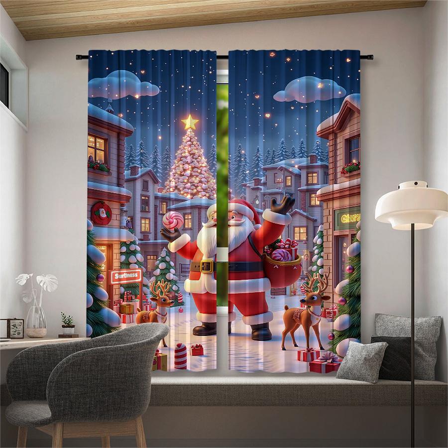 Set Of 2 Christmas Santa Claus Tree Pattern Printed Curtains Decorations Home Room Made Polyester