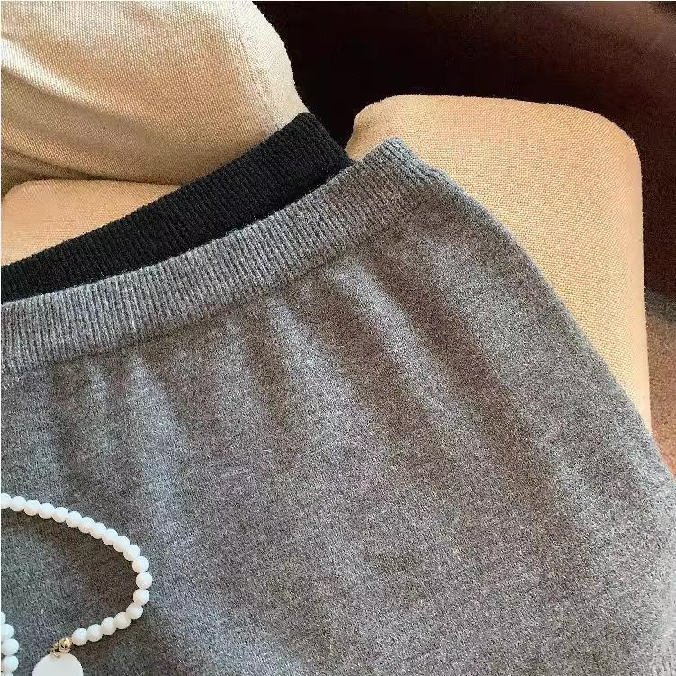 Pure Desire Koreanischer dicker Strick-Midirock - Herbst/Winter Retro Elastischer hoher Bund, Petite A-Linie Bodycon für Damen