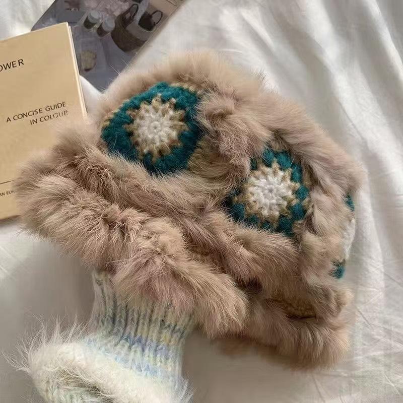 Neuer echter Kaninchenfell-Wollhut Damen Herbst und Winter niedlicher Plüsch warmer Löwenhut handgefertigt, um ein kleines Gesicht zu zeigen