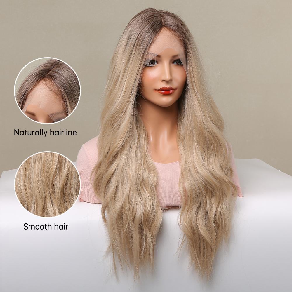 ALAN EATON Blond blonderfront syntetisk parykk Lang krøllete bølge Cosplay blonderfrontal hårparykk for hvite kvinner Afro Ombre bølgete varmebestandig
