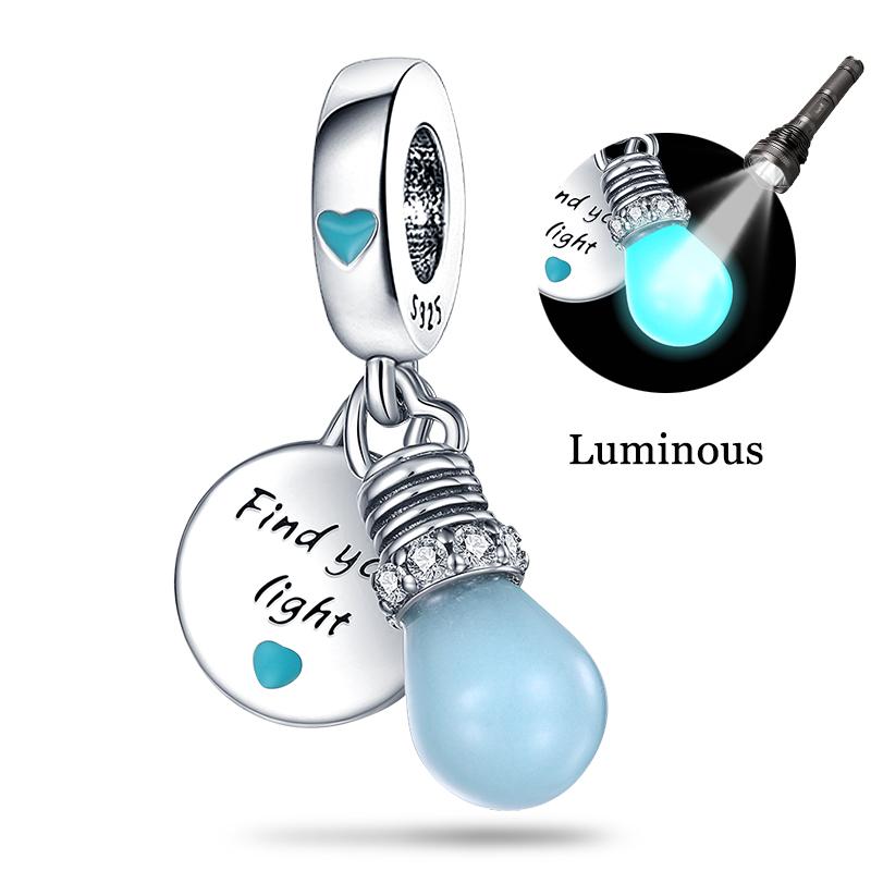Hot Sale 925  Silver Charm Beads Glowing Luminous Firefly Star Light Bulb Pendant for Bracelet DIY Charms Jewelry