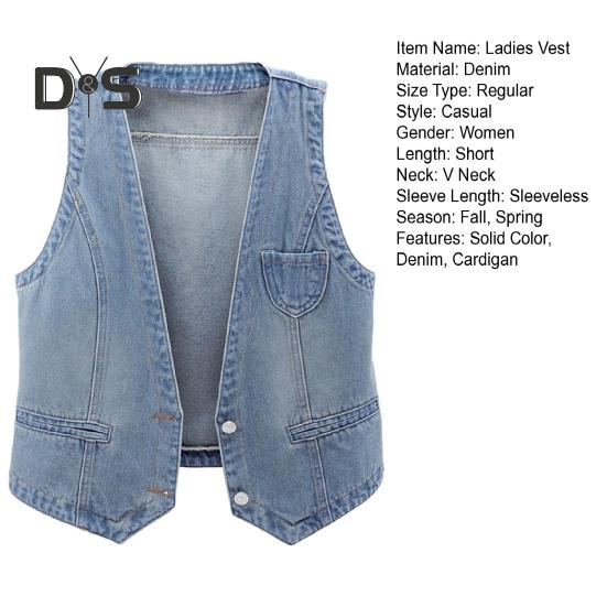 Dame dongerivest Ermeløs løs V-hals doble knapper Ensfarget vintage fast søm Hip Hop Streetwear Dame Høst Vårvest
