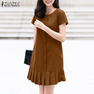 Damen Lässig Rundhals Einfarbig Locker Kurzarm Kleid