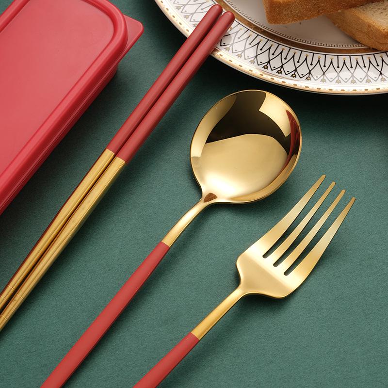 Stainless Steel Portable Tableware Set: Chopsticks, Spoon, Fork - Customizable Student/Outdoor Gift with Logo.