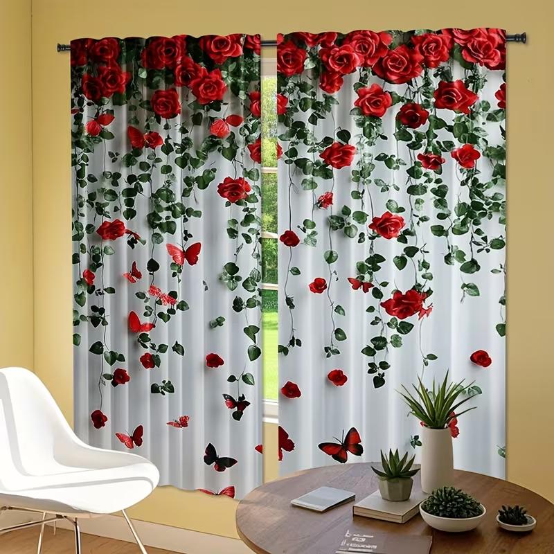 2PC White Red Rose Vine Sheer Curtains - Romantic Floral Butterfly Print Window Drapes for Bedroom Living Room Decor