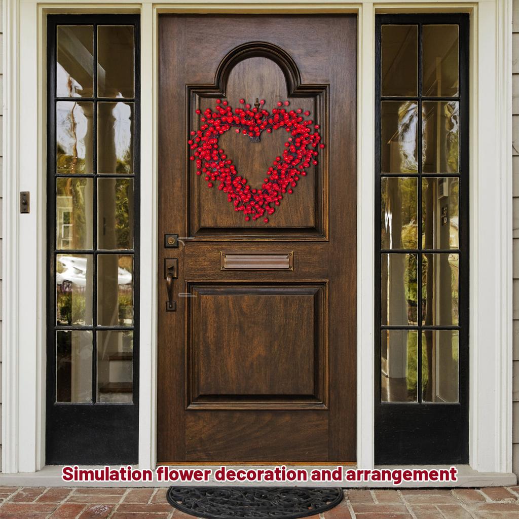 3D 40cm Valentine's Day Heart-Shaped Berry Wreath, Holiday Door Hanging Wall Decoration, Artificial Flowers, Indoor Fireplace Decoration