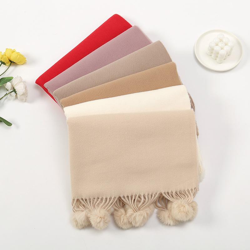 Hot-selling New Solid-color Hairball Imitation Cashmere Scarf In Autumn and Winter, Versatile Fashionable Velvet Thickened Fringed Warm Scarf